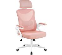 Yaheetech Chaise de Bureau en Maille avec à Haut Dossier avec Accoudoirs Relevables Appui-tête Support Lombaire Assise Réglable en Hauteur Charge Max 136kg Blanc/Rose