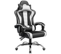 Yaheetech Chaise de Bureau Massante Ergonomique Chaise de Gamer Dossier avec Lombaire et Appui-tête Hauteur Réglable Similicuir Charge 136kg Blanc