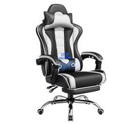 Yaheetech Chaise de Bureau Massante Ergonomique Chaise de Gamer Dossier et Appui-tête Hauteur Réglable avec Repose-Pied Similicuir Charge 136kg Blanc