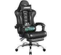 Yaheetech Chaise de Bureau Massante Ergonomique Chaise de Gamer Dossier et Appui-tête Hauteur Réglable avec Repose-Pied Similicuir Charge 136kg Noir