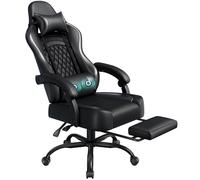 Yaheetech Chaise Gaming avec Massage, Fauteuil Gaming Ergonomique avec Repose-Pieds Rétractable, Hauteur Réglable, Dossier Inclinable à 135°, Chaise de Bureau en Similicuir (Noir)