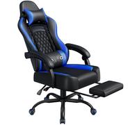 Yaheetech Chaise Gaming avec Massage, Fauteuil Gaming Ergonomique avec Repose-Pieds Rétractable, Hauteur Réglable, Dossier Inclinable à 135°, Chaise de Bureau en Similicuir (Bleu)