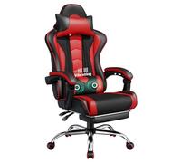 Yaheetech Chaise Gaming Ergonomique Massante avec Repose-Pieds Inclinable Rembourré en Similicuir, Fauteuil de Bureau avec Appui-tête et Support Lombaire Roues Pivotantes Rouge