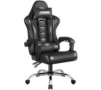 Yaheetech Chaise Gaming Ergonomique Massante sans Repose-Pieds Inclinable Rembourré en Similicuir, Fauteuil de Bureau avec Appui-tête et Support Lombaire Roues Pivotantes Noir