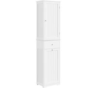 Yaheetech Colonne Salle de Bain, Meuble de Rangement avec Panier à Linge Sale, 1 Tiroir 2 Portes, 2 Étagères Réglables 45 x 30 x 180 cm Haut Bois Blanc