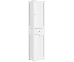 Yaheetech Colonne Salle de Bain, Meuble de Rangement avec Panier à Linge Sale, 1 Tiroir 2 Portes, 2 Étagères Réglables 45 x 30 x 180 cm Haut Bois Blanc