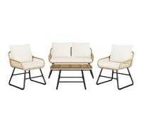 Yaheetech Ensemble Salon de Jardin 4 Pièces Tressé Set de 1 Canapé avec 2 Places 2 Fauteuils et Table d'Appoint en Verre Trempé Style Bohème pour Terrasse Balcon, Patio Marron/Crème