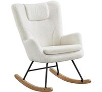 Yaheetech Fauteuil à Bascule Scandinave en Tissu Bouclé Rocking Chair à Haut Dossier Fauteuil Allaitement avec Pieds en Bois Massif Chaise d'appoint pour Salon Chambre Appartement Ivoire/1