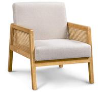 Yaheetech Fauteuil de Salon en Bois Design Rotin Massif et en Tissu Chaise en Rotin avec Coussins Rembourrés Fauteuil d'appoint Chaise Cannage pour Salon Chambre Terrasse Véranda Jardin Beige