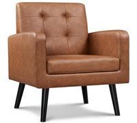 Yaheetech Fauteuil de Salon en Similicuir avec Dossier Capitonné Chaise de Relaxation avec Accoudoirs Fauteuil Lecture Confortable Pieds en Bois Massif pour Salon Chambre Bureau Balcon Brun Rustique