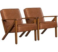 Yaheetech Fauteuil de Salon Lot de 2 en Similicuir Fauteuil d’appoint avec Cadre en Bois Pieds et Accoudoirs en Forme de Z Siège de Bureau Chambre Réception Brun Clair