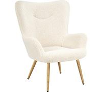 Yaheetech Fauteuil de Salon Siège Confortable en Tissu Bouclette Fauteuil Ergonomique avec Pieds en Métal à l'effet du Bois de Relaxation Chaise à Haut Dossier Enveloppant Ivoire/1