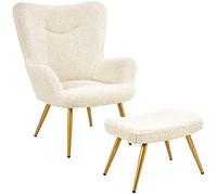 Yaheetech Fauteuil Scandinave à Oreilles avec Repose Pieds Fauteuil de Salon en Tissu Bouclette Dossier Ergonomique Chaise de Salon Design Elégant 67,5 cm × 70 cm × 97,5 cm Ivoire/1