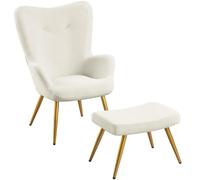 Yaheetech Fauteuil Scandinave à Oreilles avec Repose Pieds Fauteuil de Salon en Velours Côtelé Dossier Ergonomique Chaise de Salon Design Elégant 67,5 cm × 70 cm × 97,5 cm Beige
