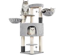 Yaheetech Grand Arbre à Chat avec Griffoirs, Niche, Paniers, Perchoir, Jouets Brosse pour Chat 25 KG, 56×56×160 cm, Poteaux en Sisal 11 cm Ø, Tour de Jeux Solide pour Les Maine Coons Gris Clair/Beige