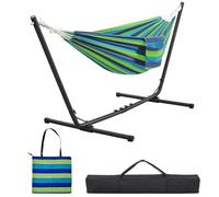 Yaheetech Hamac Double sur Pied Hamac avec Support en Métal Réglable en Longueur Sac de Transport Charge Maximale 205 kg pour Extérieur Intérieur Jardin Terrasse Rayures Bleu-Vert