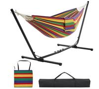 Yaheetech Hamac Double sur Pied Hamac avec Support en Métal Réglable en Longueur Sac de Transport Charge Maximale 205 kg pour Extérieur Intérieur Jardin Terrasse Rayures Arc-en-Ciel