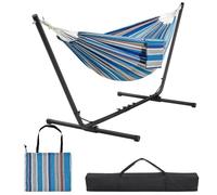 Yaheetech Hamac Double sur Pied Hamac avec Support en Métal Réglable en Longueur Sac de Transport Charge Maximale 205 kg pour Extérieur Intérieur Jardin Terrasse Rayures Bleu-Rouge