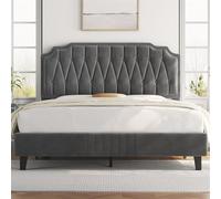 Yaheetech Lit 140x200 cm avec Sommier, Lit Double pour Adultes, 2 Personnes à Deux Places, Cadre de Lit Capitonnée, Réglable en Hauteur, en Bois Massif et Métal, Gris foncé