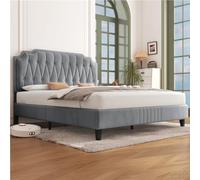 Yaheetech Lit 140x200 cm avec Sommier, Lit Double pour Adultes, 2 Personnes à Deux Places, Cadre de Lits Capitonnée, Réglable en Hauteur, en Bois Massif et Métal, Gris Clair