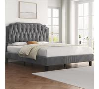Yaheetech Lit Double 160×200cm Capitonnée Réglable en Hauteur Cadre de Lit en Bois avec Sommier à Lattes Pieds en Bois Massif et Métal