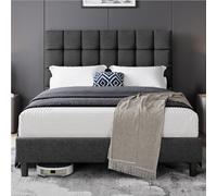 Yaheetech Lit Double 2 Personnes Capitonné Carré 140×200cm, Tête de Lit Réglable en Hauteur, avec Sommier à Lattes, en Bois Massif et Métal, Gris foncé