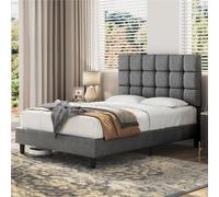 Yaheetech Lit Double 2 Personnes Capitonné Carré 140×200cm, Tête de Lit Réglable en Hauteur, avec Sommier à Lattes, en Bois Massif et Métal, Gris Clair