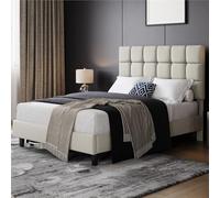 Yaheetech Lit Double 2 Personnes Capitonné Carré 140×200cm, Tête de Lit Réglable en Hauteur, avec Sommier à Lattes, en Bois Massif et Métal, Beige