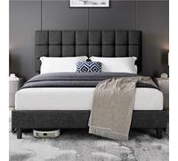 Yaheetech Lit Double 2 Personnes Capitonné Carré 160×200cm, Tête de Lit Réglable en Hauteur, avec Sommier à Lattes, en Bois Massif et Métal, Gris foncé