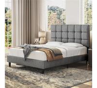 Yaheetech Lit Double 2 Personnes Capitonné Carré 160×200cm, Tête de Lit Réglable en Hauteur, avec Sommier à Lattes, en Bois Massif et Métal, Gris Clair