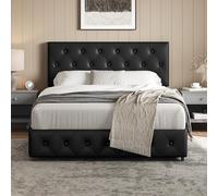 Yaheetech Lit Double Capitonné 140 x 200 cm en Similicuir avec 2 Tiroirs Tête de Lit Réglable en Hauteur Sommier à Lattes Grand Espace de Rangement Noir