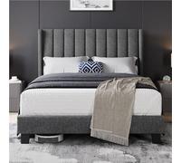Yaheetech Lit Double Rembourré 140x200 cm avec Sommier à Lattes, Cadre de Lits Moderne pour Adultes 2 Personnes, Tête de Lits à Rayures, Lit en Bois et Métal, Gris Foncé