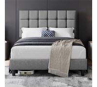Yaheetech Lit Double Rembourré 140x200cm, avec Tête de Lit Réglable en Hauteur, Cadre de Lits Capitonné avec Sommier à Lattes, Lits pour Adultes 2 Personnes, Pied en Métal, Gris Clair
