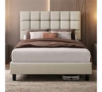 Yaheetech Lit Double Rembourré 140x200cm, avec Tête de Lit Réglable en Hauteur, Cadre de Lits Capitonné avec Sommier à Lattes, Lits pour Adultes 2 Personnes, en Bois et Métal, Beige