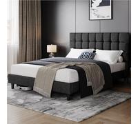 Yaheetech Lit Double Rembourré 160x200cm, avec Tête de Lit Réglable en Hauteur, Cadre de lit Capitonné avec Sommier à Lattes, Lit pour Adultes 2 Personnes, en Bois et Métal, Gris Foncé