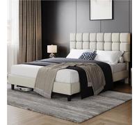 Yaheetech Lit Double Rembourré 160x200cm, avec Tête de Lit Réglable en Hauteur, Cadre de lit Capitonné avec Sommier à Lattes, Lit pour Adultes 2 Personnes, en Bois et Métal, Beige