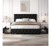 Yaheetech Lit Double rembourré avec tiroirs et Rangement avec Supports à Lattes en Bois, tête de lit réglable en Hauteur avec Rivets à Point de Tension Noir (160 x 200 cm)