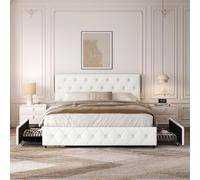 Yaheetech Lit Double rembourré avec tiroirs et Rangement avec Supports à Lattes en Bois, tête de lit réglable en Hauteur avec Rivets à Point de Tension (Blanc, 160x200cm)