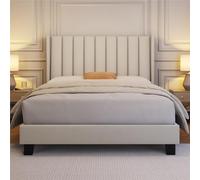 Yaheetech Lit rembourré, 160 x 200 cm, Stable, Double, Familial, Cadre de lit rembourré, avec Espace de Rangement, pour Chambre à Coucher, Chambre d'amis, Beige
