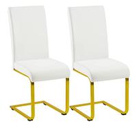 Yaheetech Lot de 2 chaises de Salle à Manger Blanches à balançoire Modernes rembourrées en Similicuir et Pieds en métal doré pour Bureau, Salon, Charge 135 kg