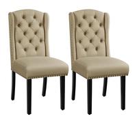 Yaheetech Lot de 2 Chaises de Salle à Manger en Tissu Effet Lin Design Classique Boutonné Ensemble de Chaises de Cuisine Rembourrées avec Pieds en Bois Massif Garniture Clou Dorés Kaki
