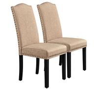 Yaheetech Lot de 2 Chaises Salle à Manger Tissu Haut Dossier Rembourré Kaki | Assise large et confortable, pieds en bois massif, design classique avec boutons bronzés, capacité 136 kg, facile à monter