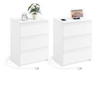 Yaheetech Lot de 2 Tables de Chevet avec 2 Prises CA, 2 Ports USB, Table de Nuit avec Multiprise, 3 Tiroirs, Chambre, Salon, Moderne, Blanc