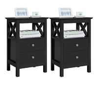 Yaheetech Lot de 2 Tables de Chevet, Table de Nuit, 2 Tiroirs et 1 Étagère Ouverte, Latte Désign X Solide, Table d'Appoint en Bois 40 x 30 x 60 cm Salon Chambre, Noir