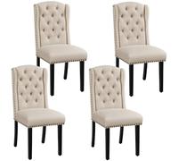Yaheetech Lot de 4 Chaises de Salle à Manger en Tissu Effet Lin Design Classique Boutonné Ensemble de Chaises de Cuisine Rembourrées avec Pieds en Bois Massif Garniture Clou Dorés Beige