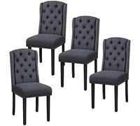 Yaheetech Lot de 4 Chaises de Salle à Manger en Tissu Effet Lin Design Classique Boutonné Ensemble de Chaises de Cuisine Rembourrées avec Pieds en Bois Massif Garniture Clou Dorés Gris