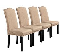 Yaheetech Lot de 4 Chaises Salle à Manger Tissu Haut Dossier Rembourré Kaki | Assise large et confortable, pieds en bois massif, design classique avec boutons bronzés, capacité 136 kg, facile à monter