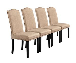 Yaheetech Lot de 4 Chaises Salle à Manger Tissu Haut Dossier Rembourré Kaki | Assise large et confortable, pieds en bois massif, design classique avec boutons bronzés, capacité 136 kg, facile à monter