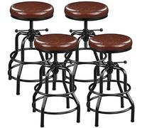 Yaheetech Lot de 4 Tabouret de Bar Industriel en Similicuir Tabouret Haut Rond Réglable en Hauteur avec Deux Repose-Pieds Chaise de Cuisine Cadre en Métal pour Cuisine Restaurant Bistrot Marron