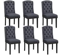 Yaheetech Lot de 6 Chaises de Salle à Manger en Tissu Effet Lin Design Classique Boutonné Ensemble de Chaises de Cuisine Rembourrées avec Pieds en Bois Massif Garniture Clou Dorés Gris